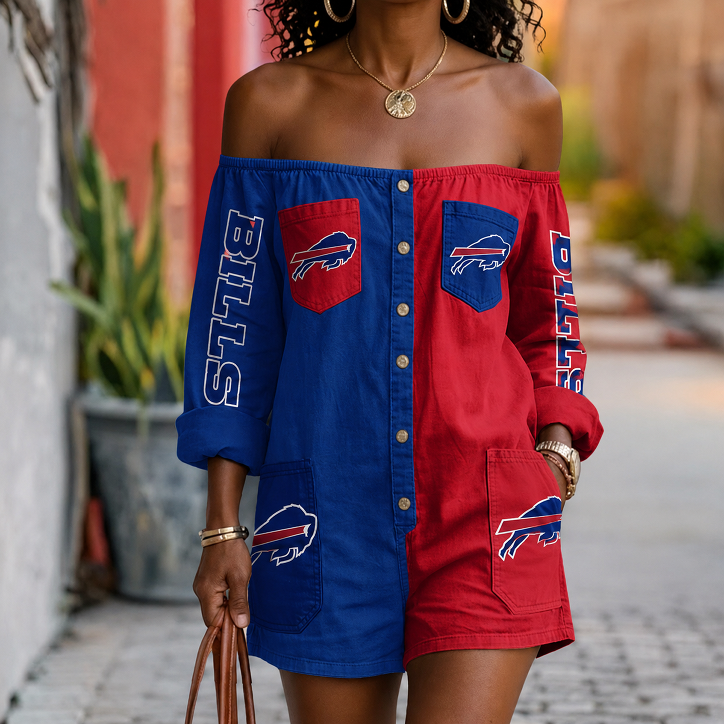 BUF x NFL Button-Front Off-Shoulder Dress DATND TANTD 060626