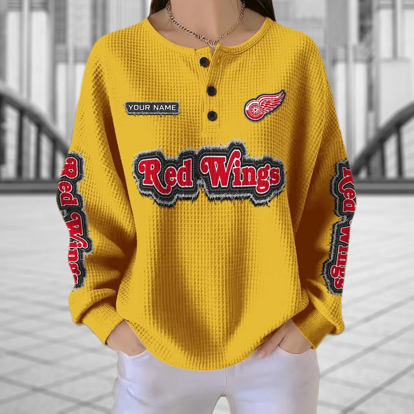 DET x NHL Personalized Waffle Knit Henley Sweatshirt 2005 DatND DVT