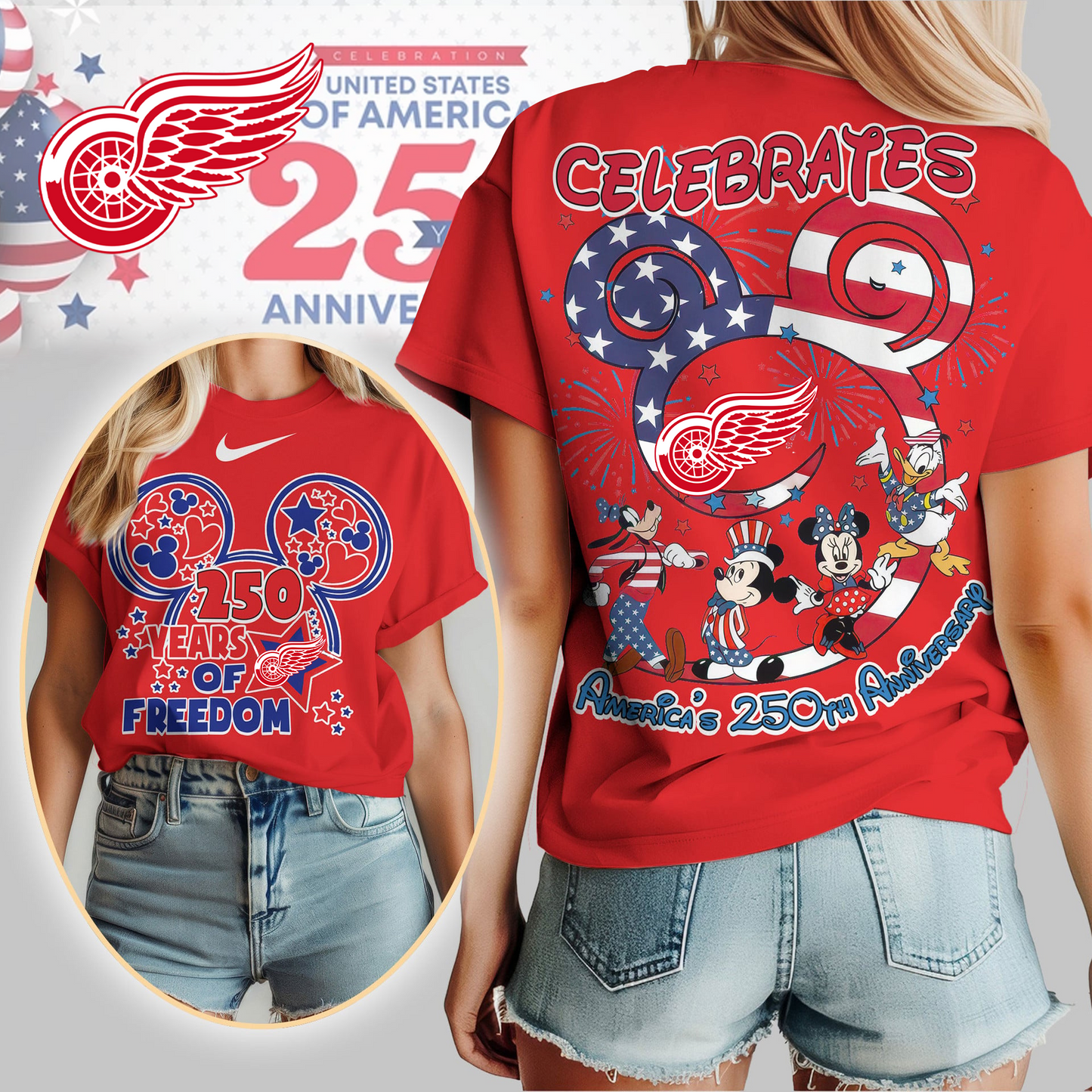 DRW Premium NHL Mickey Celebrates America 250th Anniversary Women Shirt DDT CTND