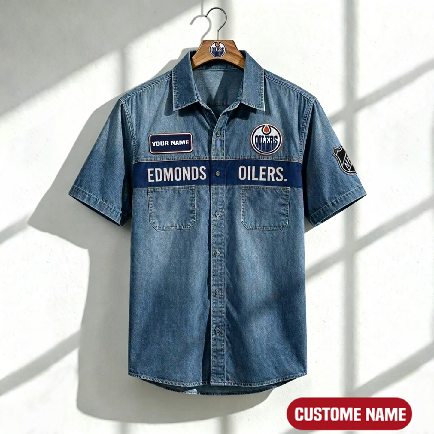 EO x NHL Print Denim Short-Sleeve Work Shirt 180526 DatND LBN