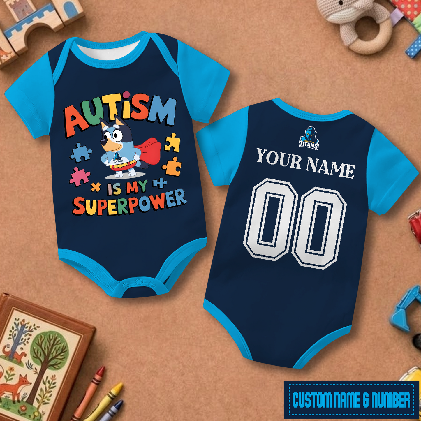 GLD x NRL Custom Name & Number Baby Romper DATND TANTD