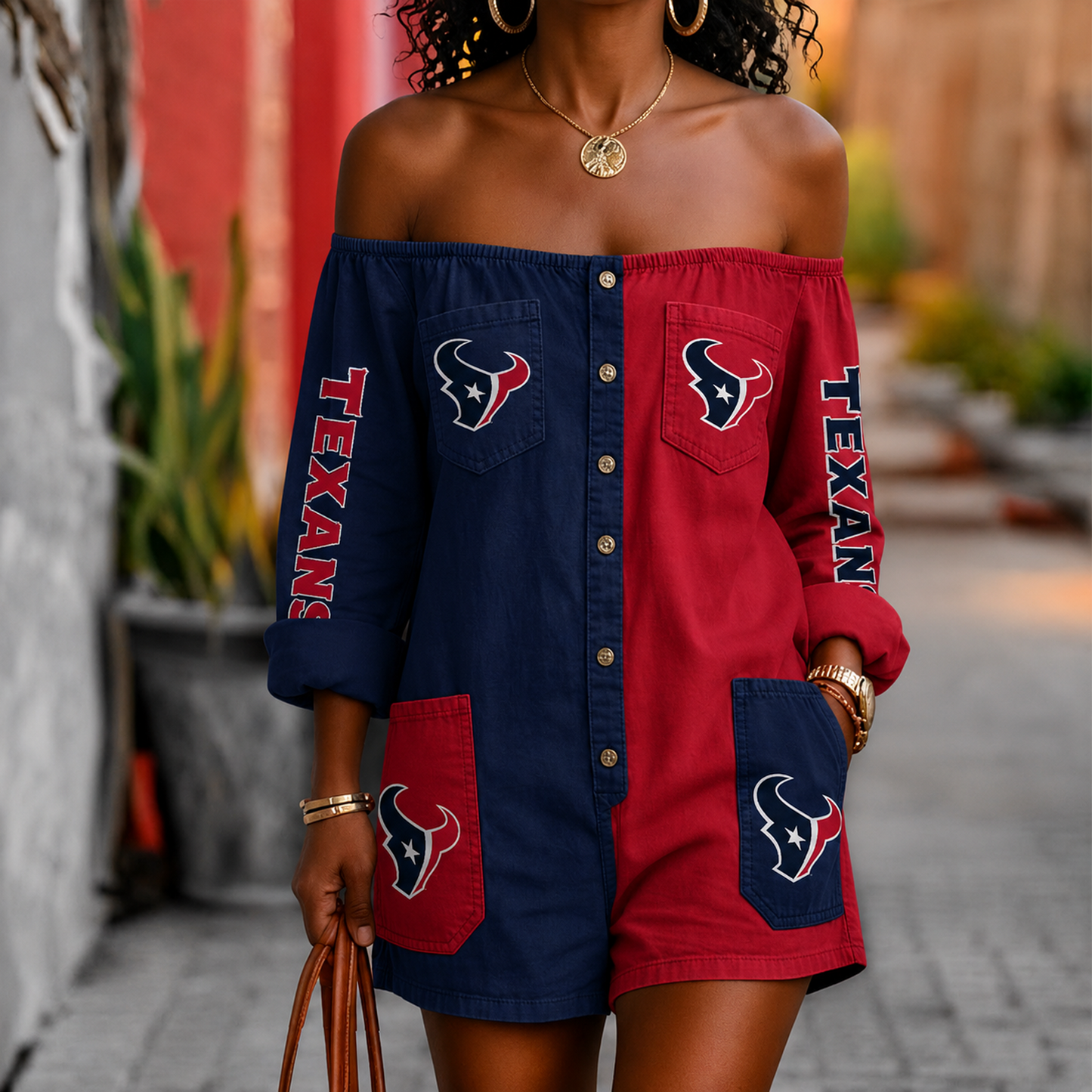 HOU x NFL Button-Front Off-Shoulder Dress DATND TANTD 060626