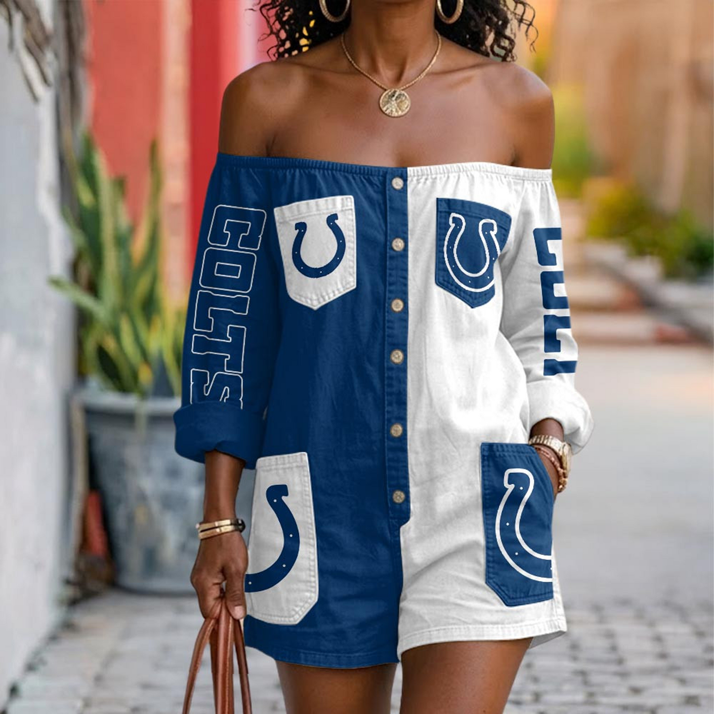 IND x NFL Button-Front Off-Shoulder Dress DATND TANTD 060626