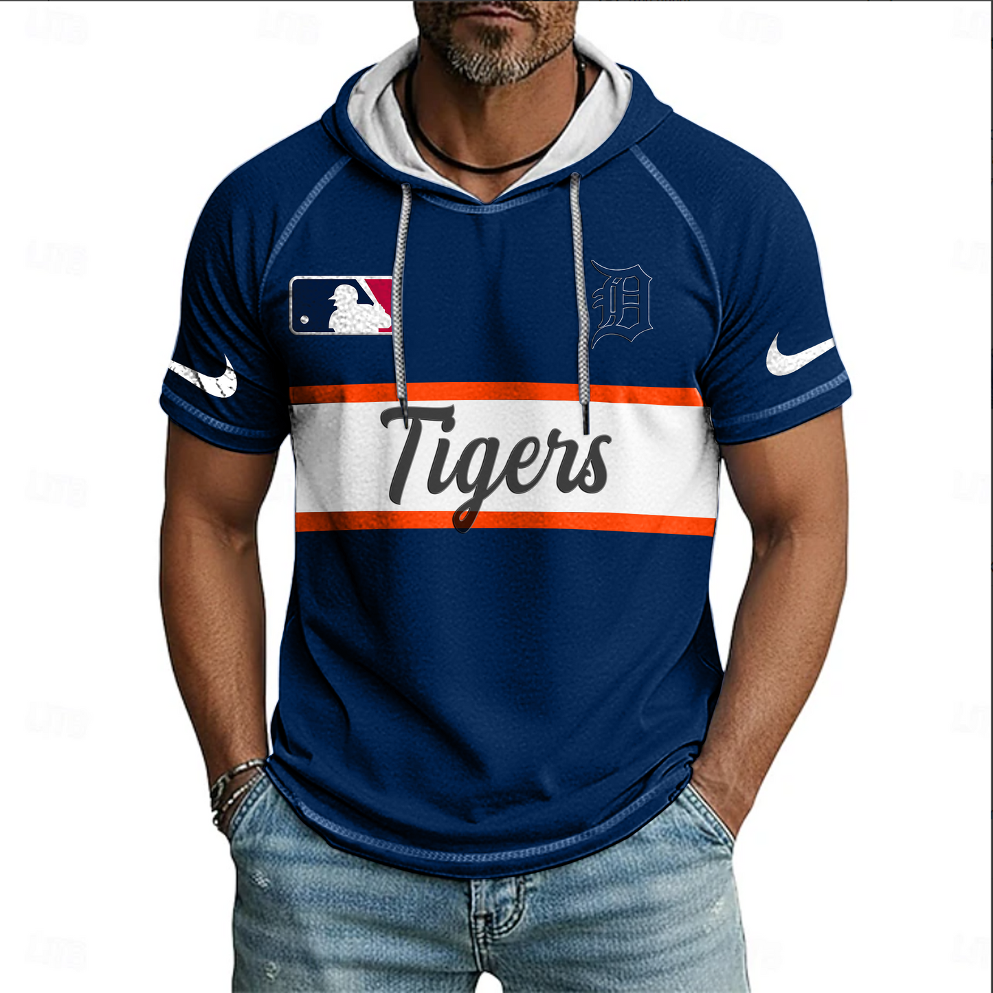 MLB x DET Baseball Hooded Short Sleeve Shirt HLP 280426 HLPHUONG