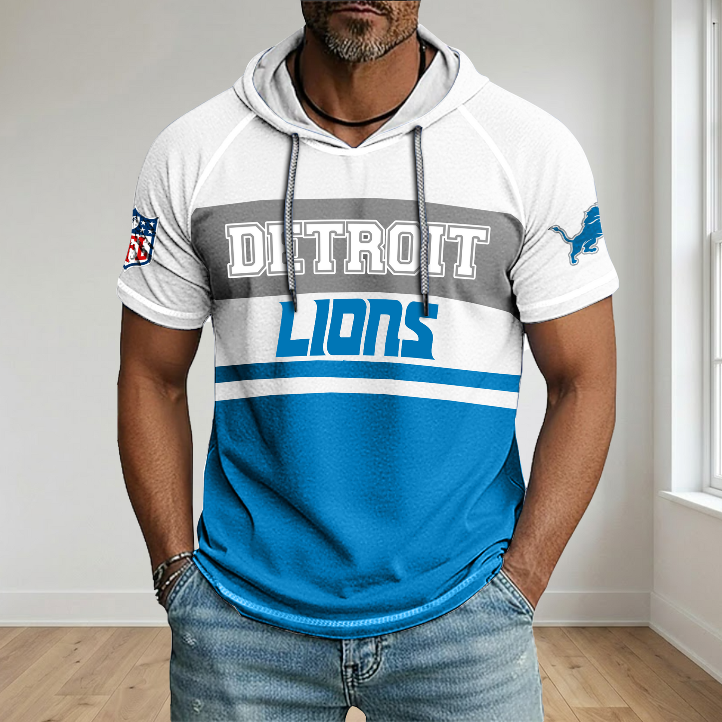 NFL x DET Football Hooded Short Sleeve Shirt HLP 280426 HLPHUONG