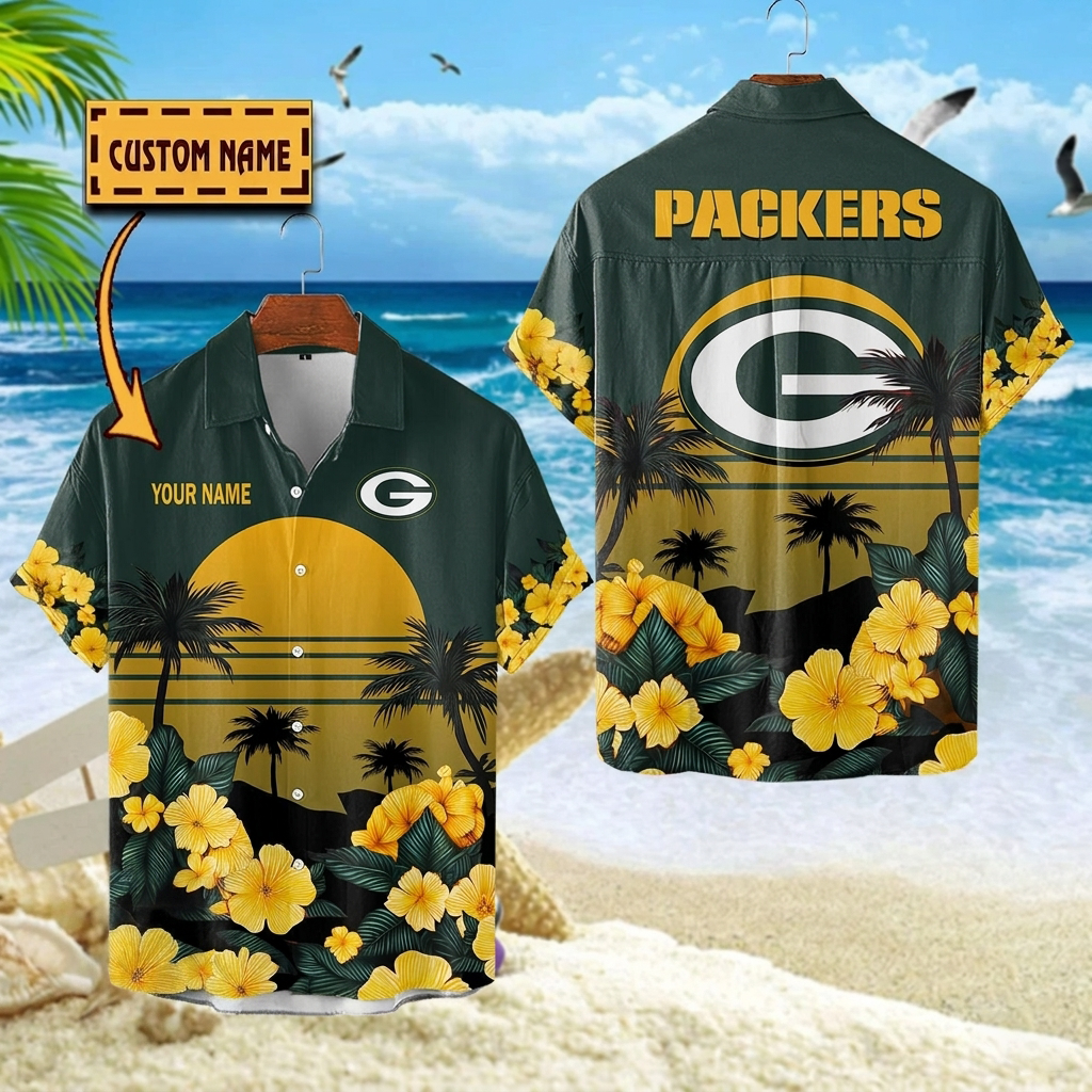 NFL x GB Football Palm Trees Flower Custom Name Hawaiian Shirt HLP 070526 LBN