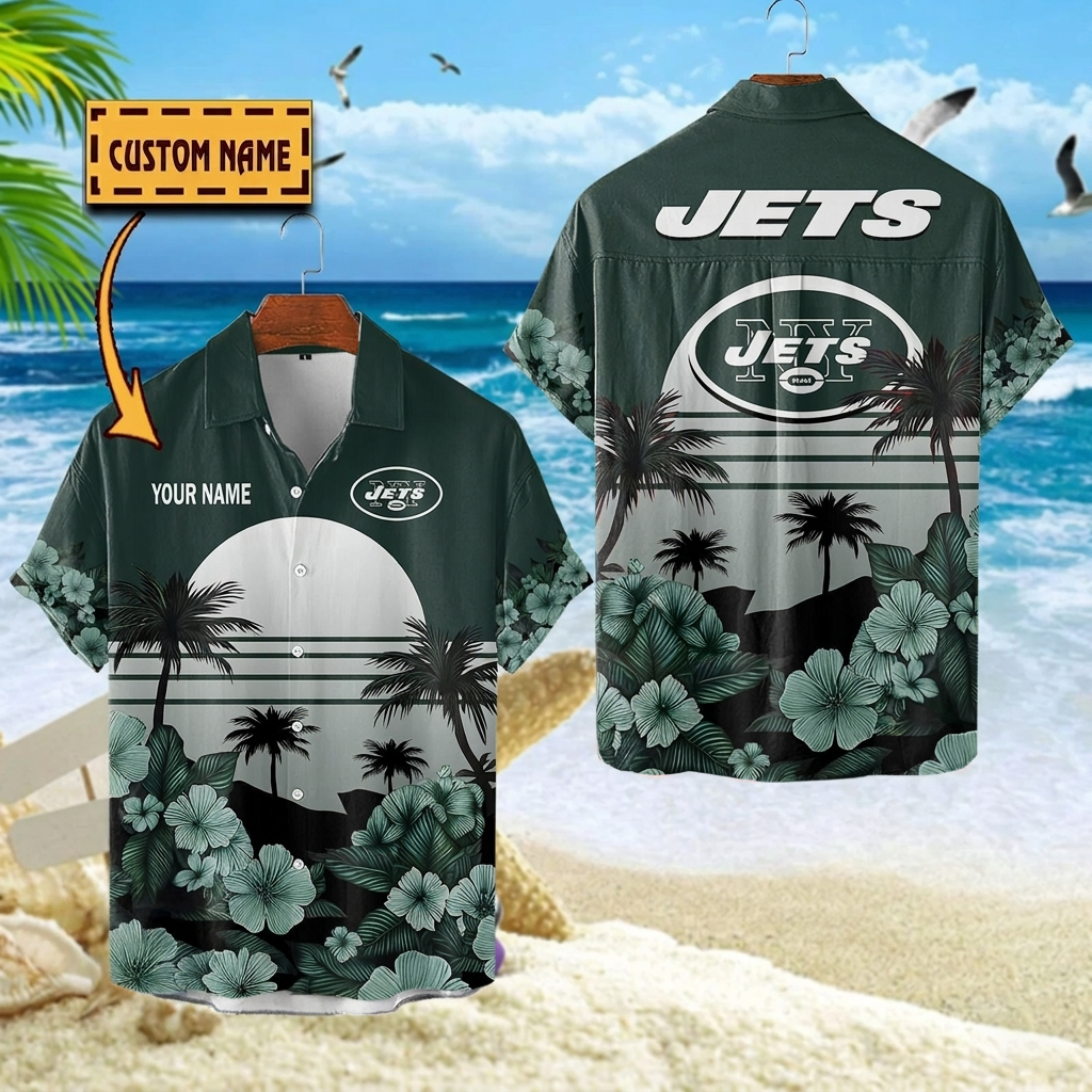 NFL x NYJ Football Palm Trees Flower Custom Name Hawaiian Shirt HLP 070526 LBN