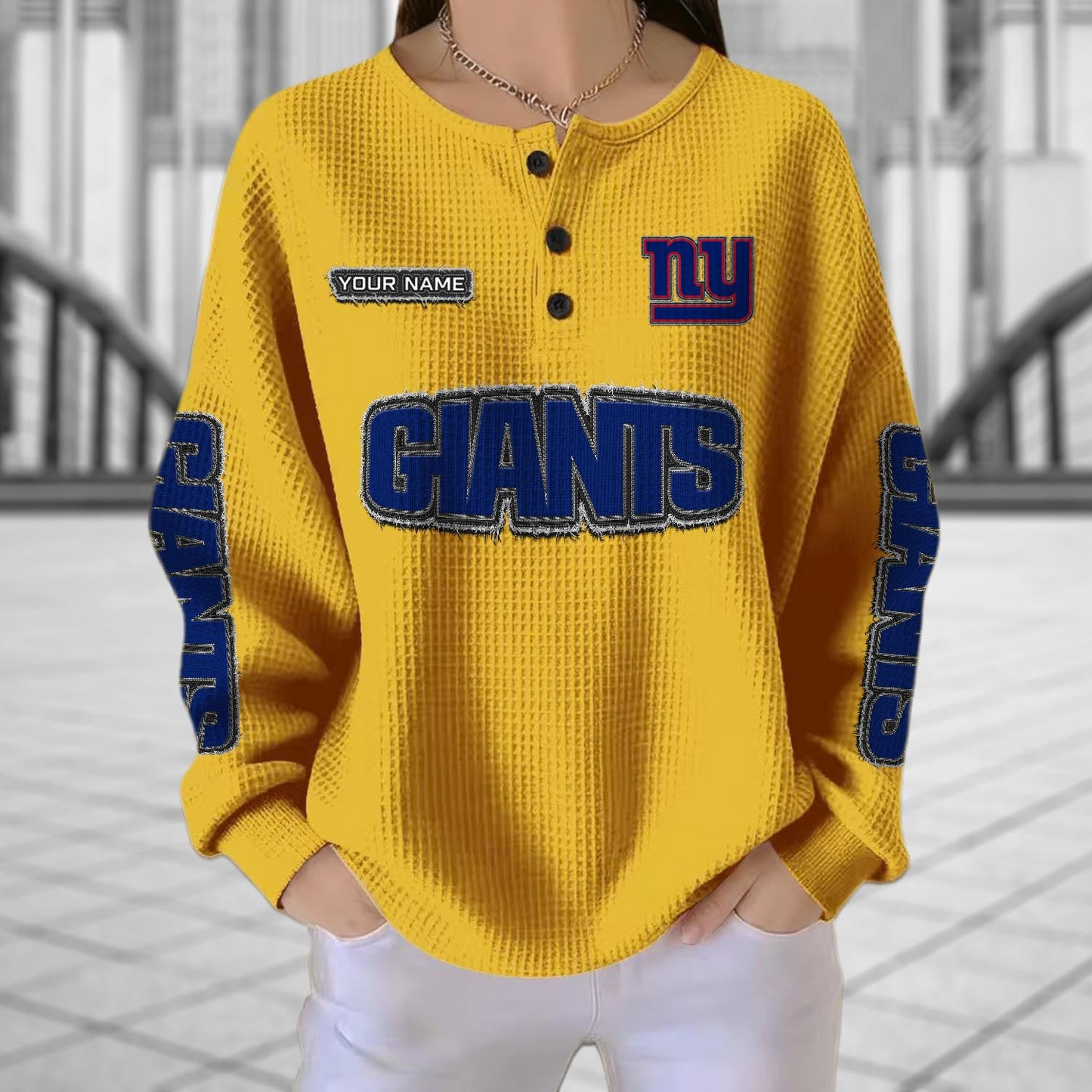 NYG x NFL Personalized Waffle Knit Henley Sweatshirt 2005 DatND DVT