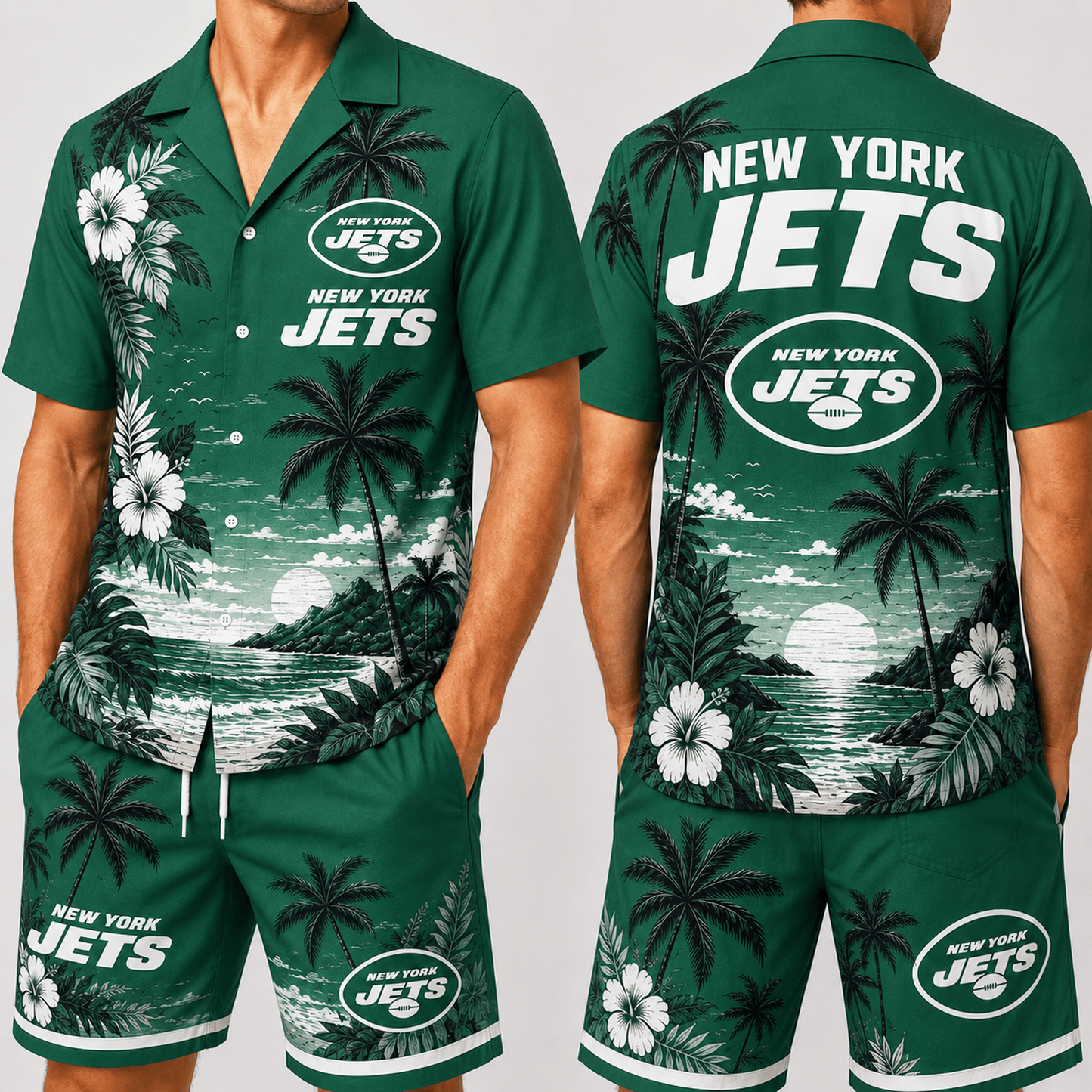 NYJ x NFL Premium Championship Edition Hawaiian Shirt & Shorts Set Casual Summer Beachwear 1206