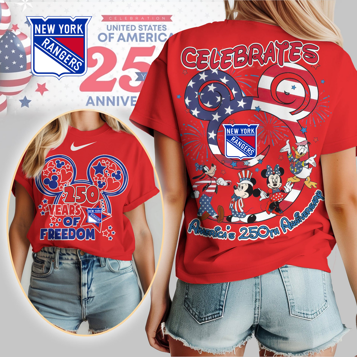 NYR Premium NHL Mickey Celebrates America 250th Anniversary Women Shirt DDT CTND