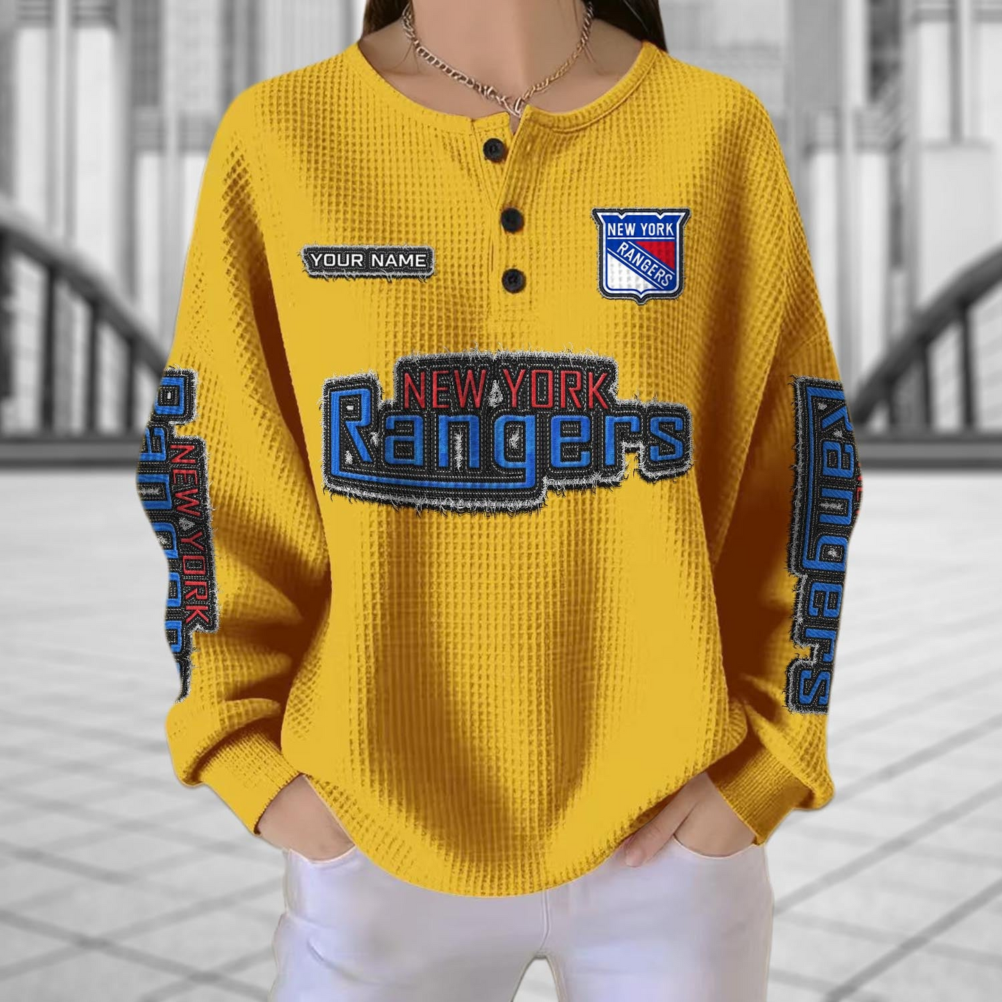 NYR x NHL Personalized Waffle Knit Henley Sweatshirt 2005 DatND DVT