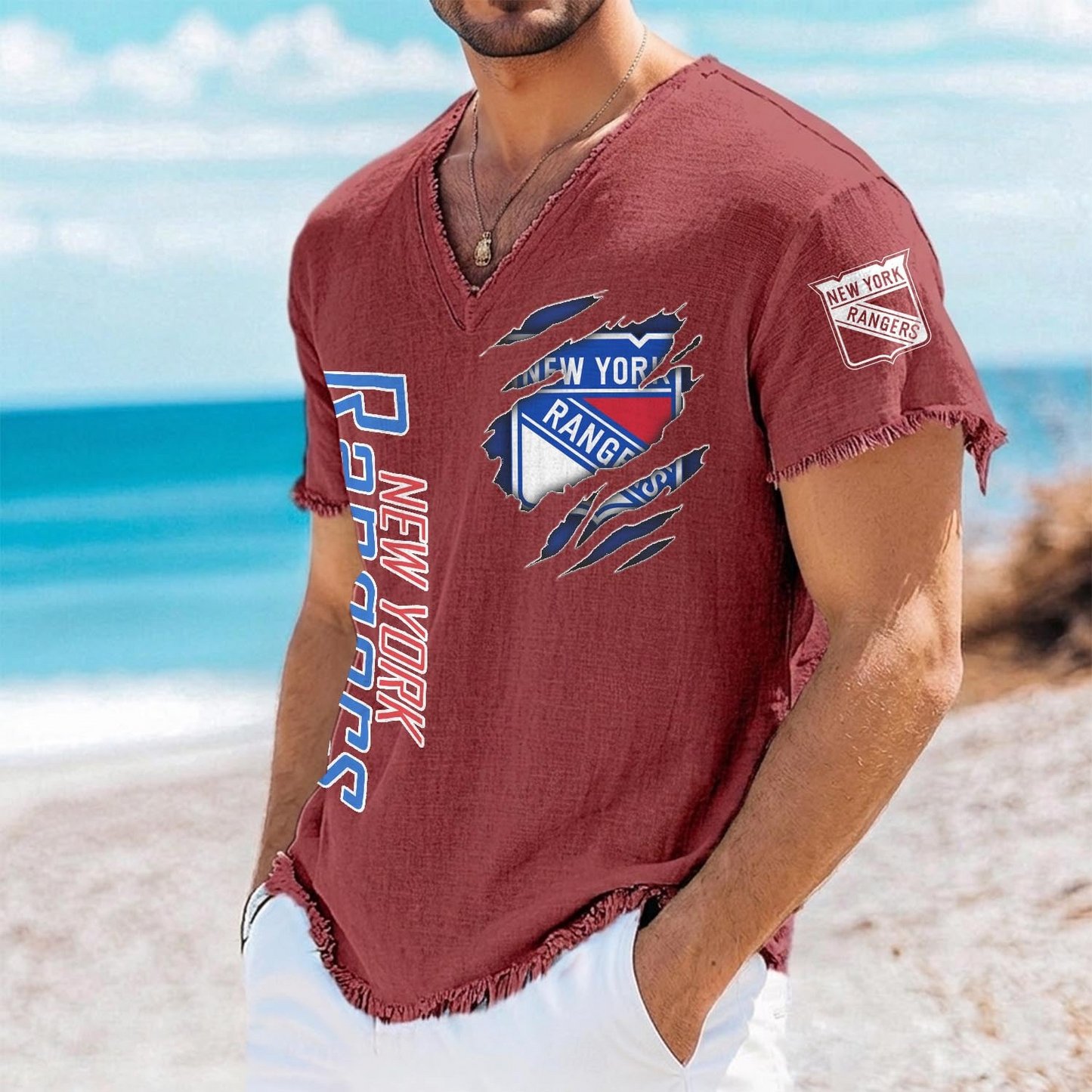 NYR x NHL V-Neck Linen Beach Shirt 1905 DatND DVT