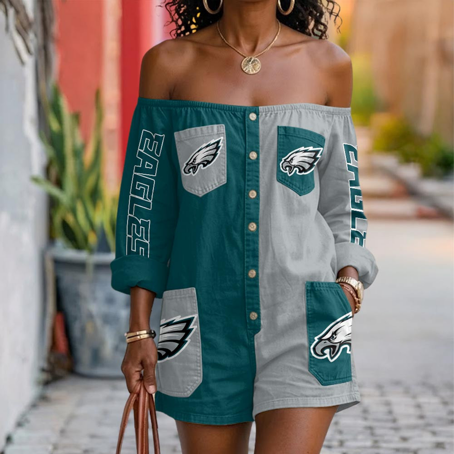 PHI x NFL Button-Front Off-Shoulder Dress DATND TANTD 060626