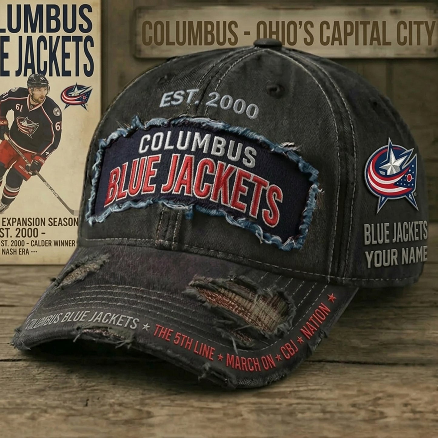PREMIUM NHL X CBJ Denim Washed Custom Name HAT NDT NHM 050526