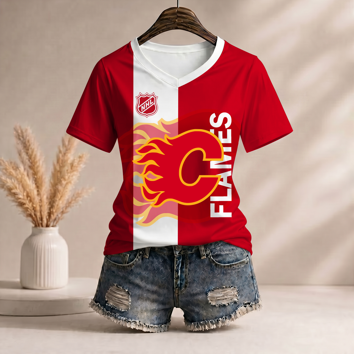 PREMIUM NHL X CF Women’s Casual Loose Stripe V-Neck T-Shirt NDT VHM 290526
