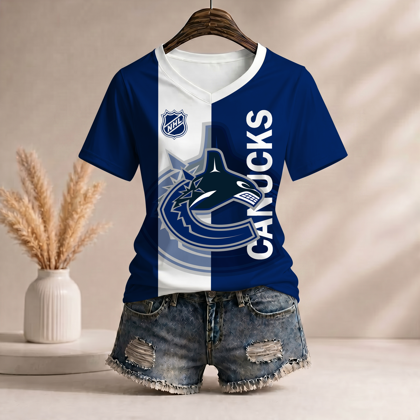 PREMIUM NHL X CV Women’s Casual Loose Stripe V-Neck T-Shirt NDT VHM 290526