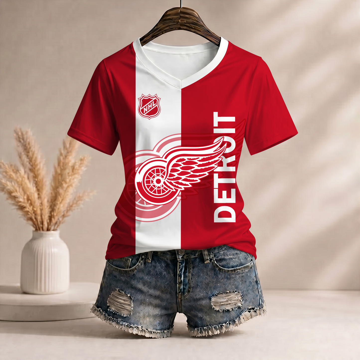 PREMIUM NHL X DRW Women’s Casual Loose Stripe V-Neck T-Shirt NDT VHM 290526