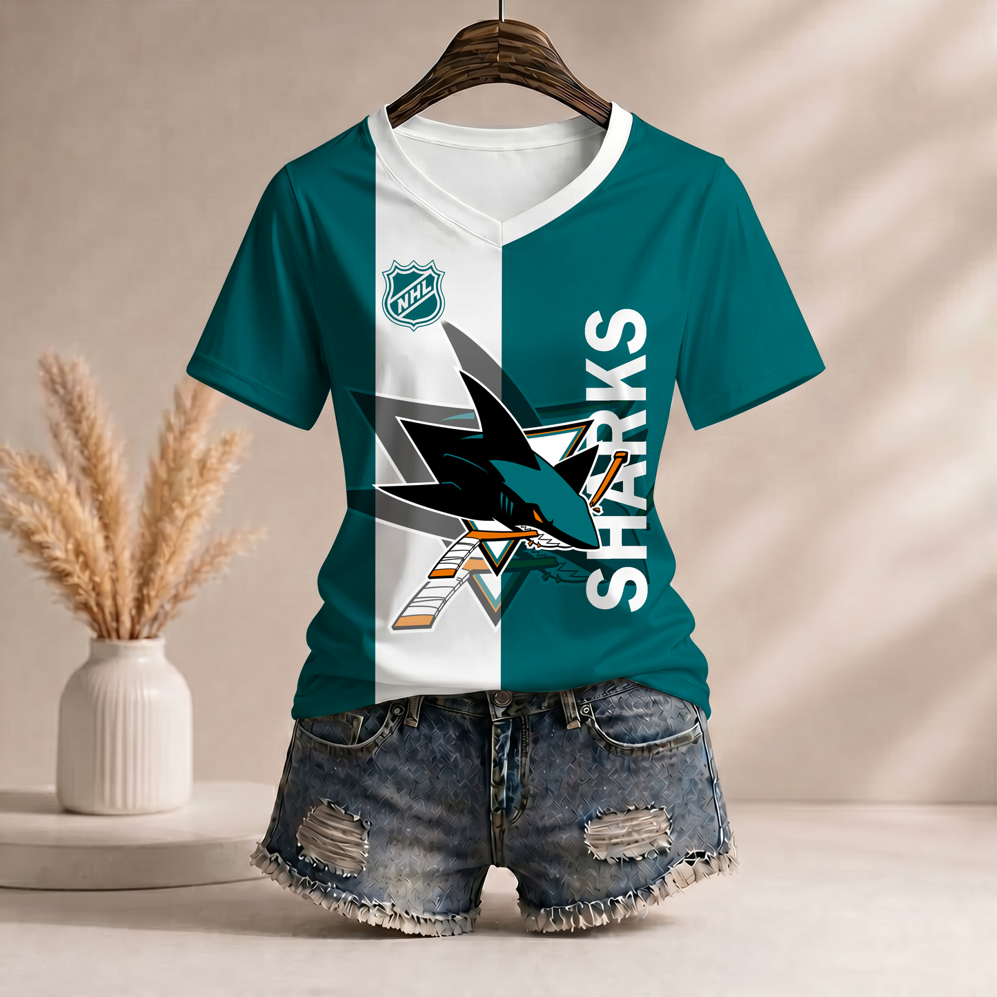 PREMIUM NHL X SJS Women’s Casual Loose Stripe V-Neck T-Shirt NDT VHM 290526