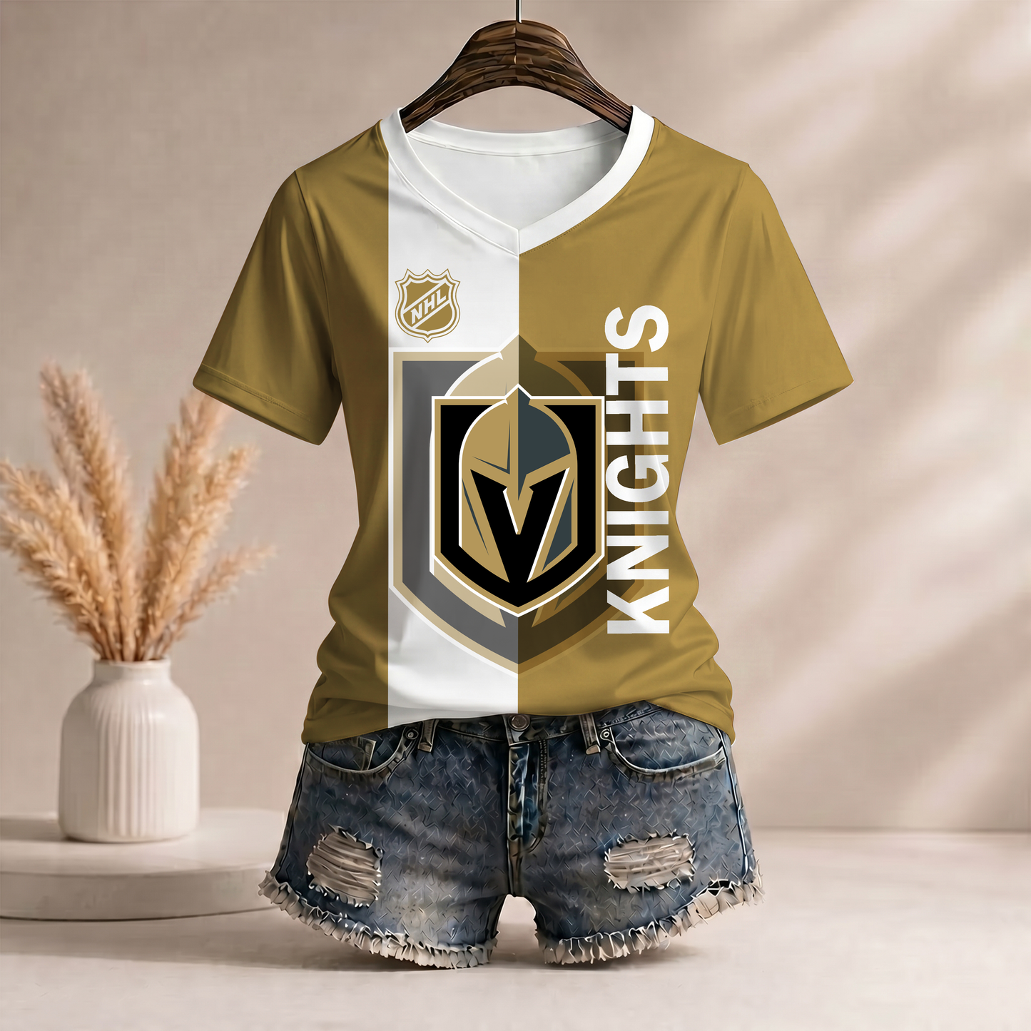 PREMIUM NHL X VGK Women’s Casual Loose Stripe V-Neck T-Shirt NDT VHM 290526