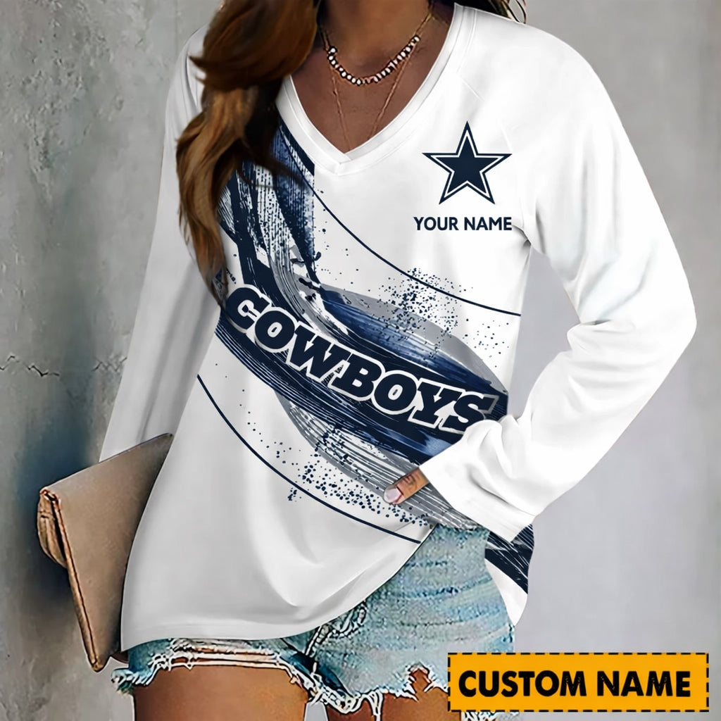 PREMIUM NFL X DAL Women‘s V-Neck Long-Sleeved Shirt - Custom Name Gifts For Fans NDT NHM 240226