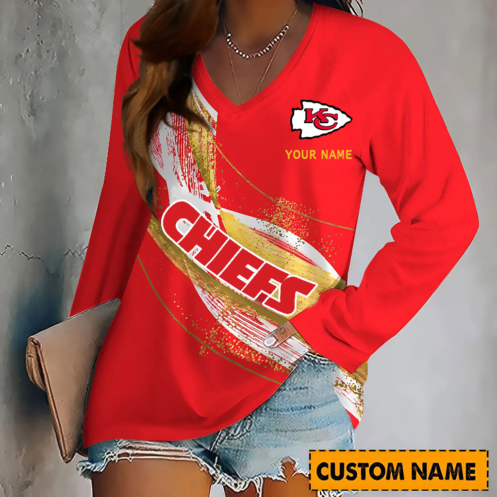 PREMIUM NFL X KCC Women‘s V-Neck Long-Sleeved Shirt - Custom Name Gifts For Fans NDT NHM 240226