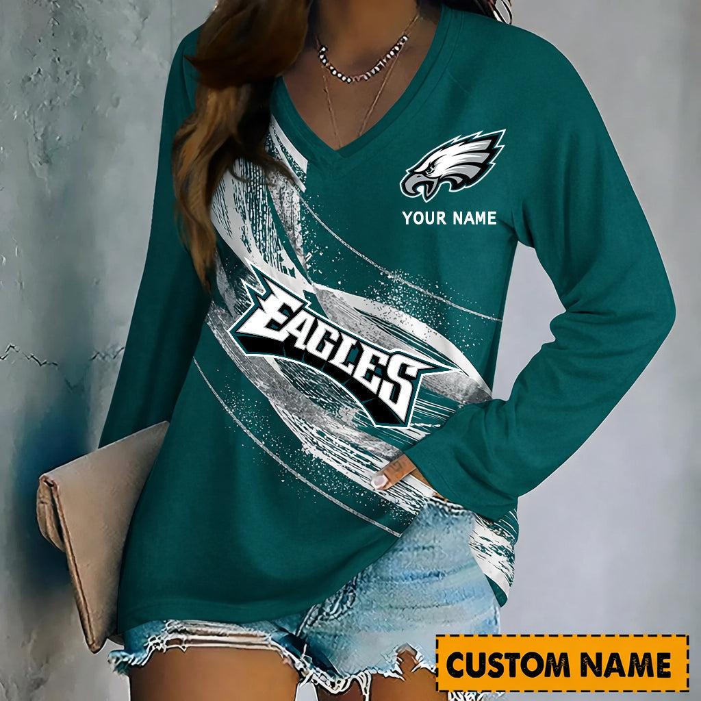 PREMIUM NFL X PHI Women‘s V-Neck Long-Sleeved Shirt - Custom Name Gifts For Fans NDT NHM 240226