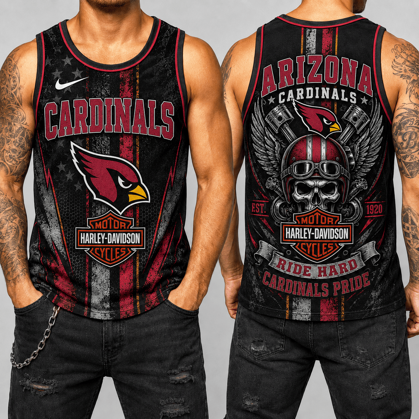 Premium NFL x ARI Motorcycle Skull Biker Ride Hard Tank Top 130626