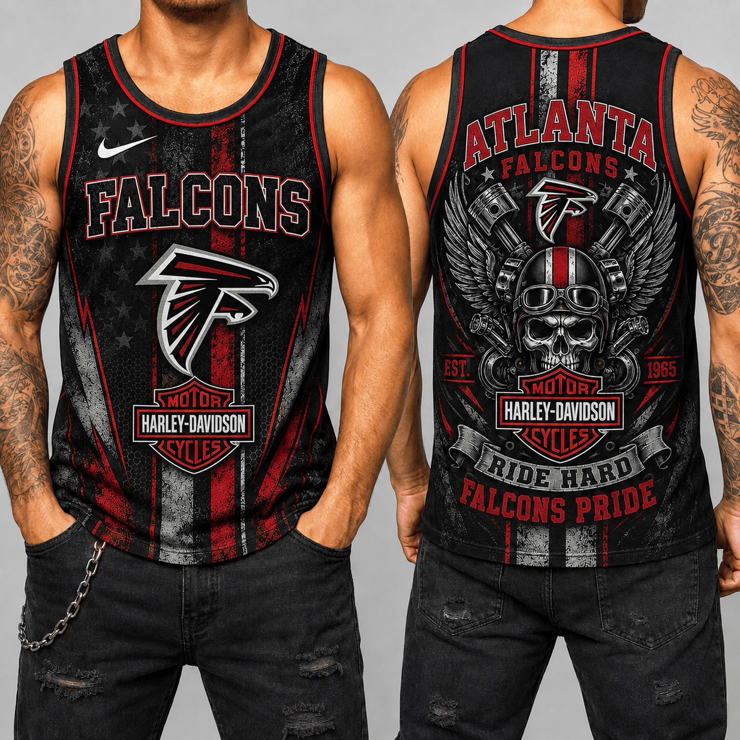 Premium NFL x ATL Motorcycle Skull Biker Ride Hard Tank Top 130626