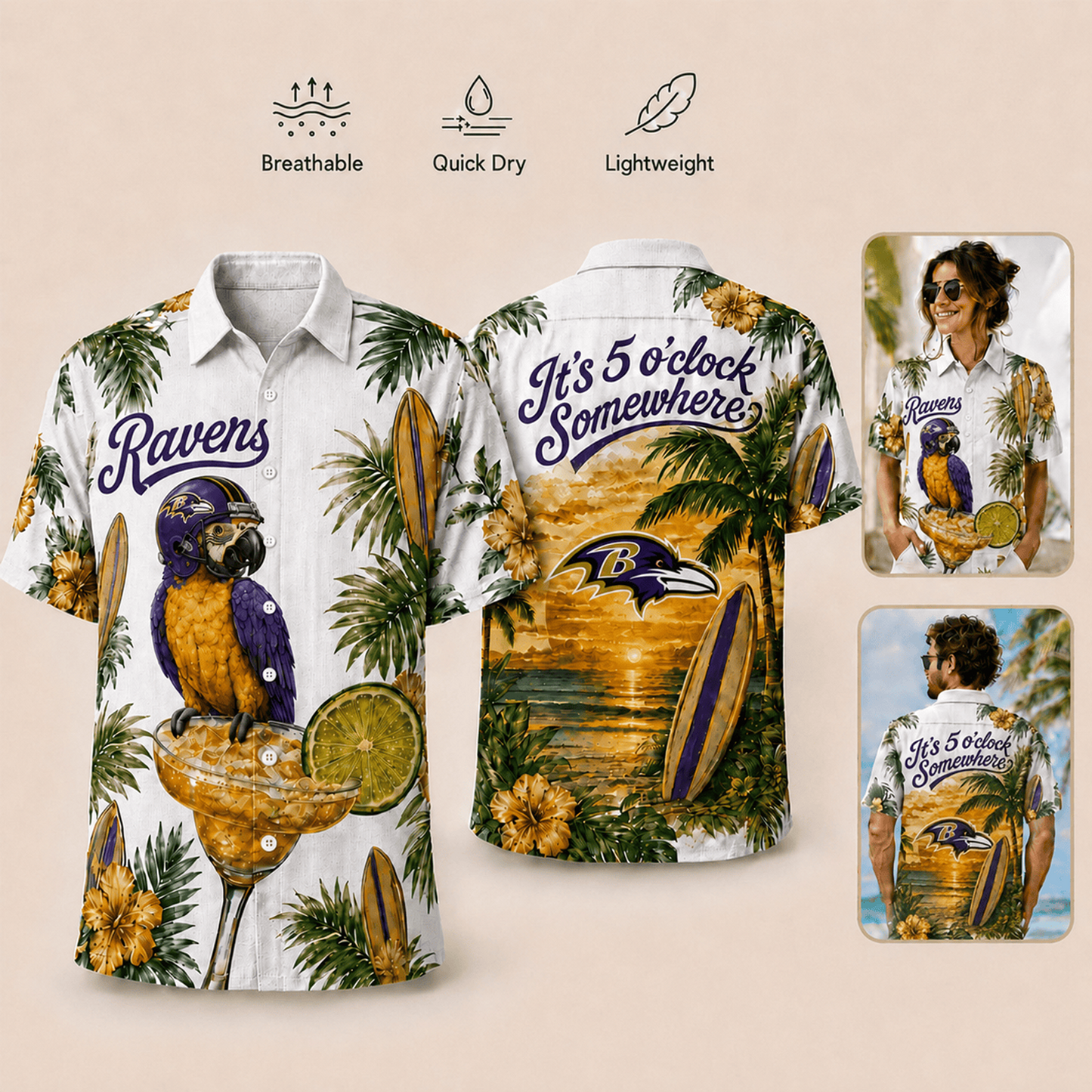 Premium NFL x BAL It's 5 O'clock Somewhere Button Up Tropical Parrot Hawaiian Shirt 110626