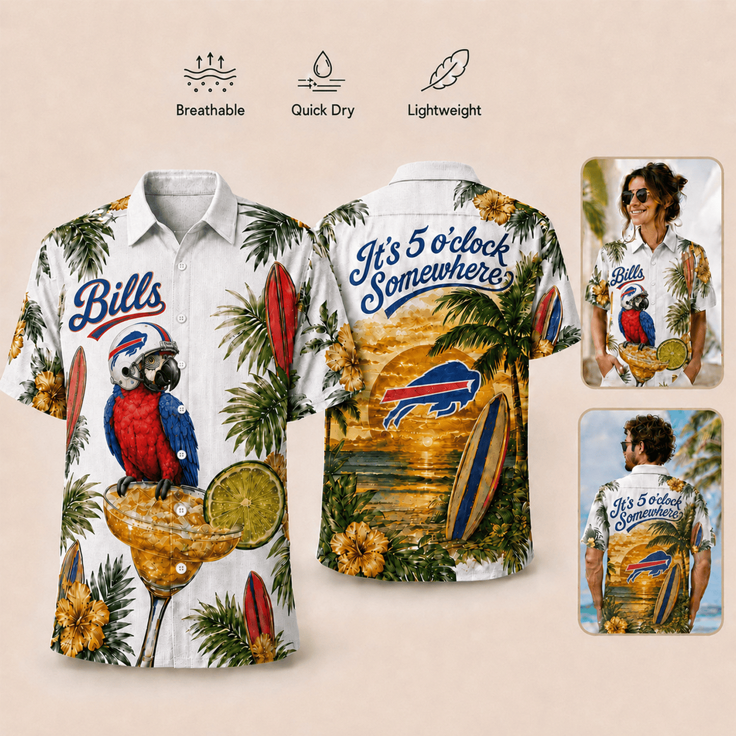 Premium NFL x BUF It's 5 O'clock Somewhere Button Up Tropical Parrot Hawaiian Shirt 110626
