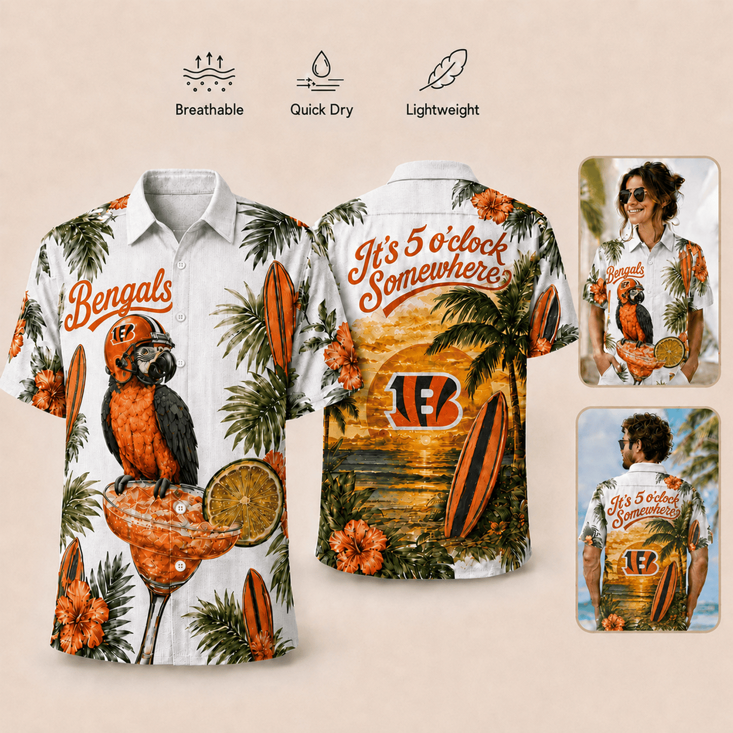Premium NFL x CIN It's 5 O'clock Somewhere Button Up Tropical Parrot Hawaiian Shirt 110626
