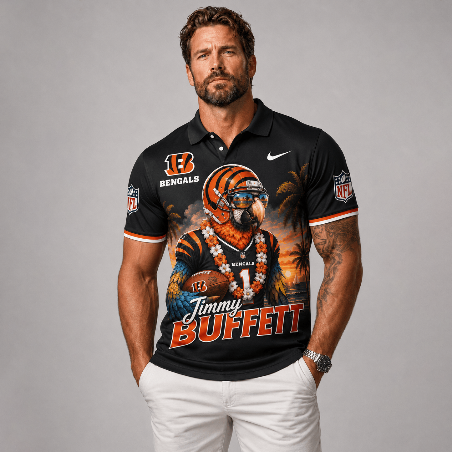 Premium NFL x CIN Tropical Parrot Performance Polo Shirt 180626