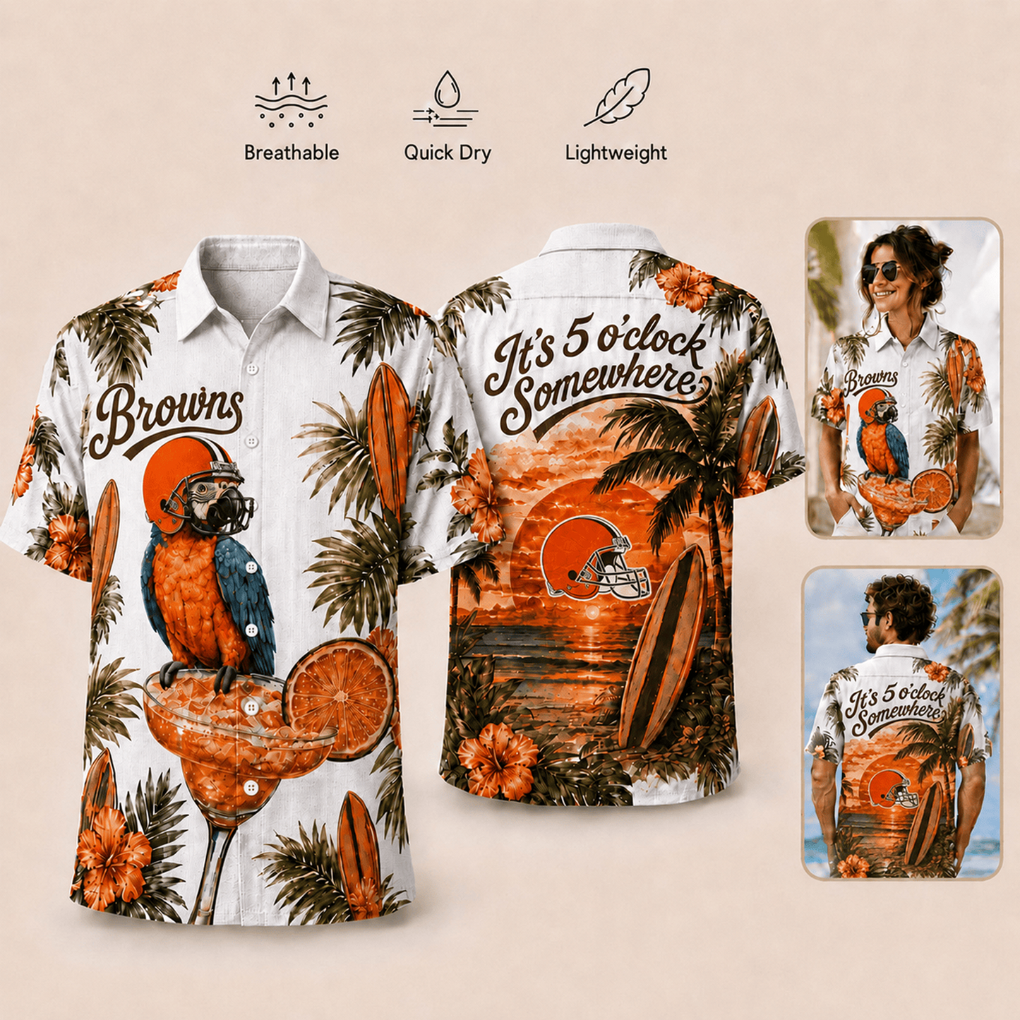Premium NFL x CLE It's 5 O'clock Somewhere Button Up Tropical Parrot Hawaiian Shirt 110626