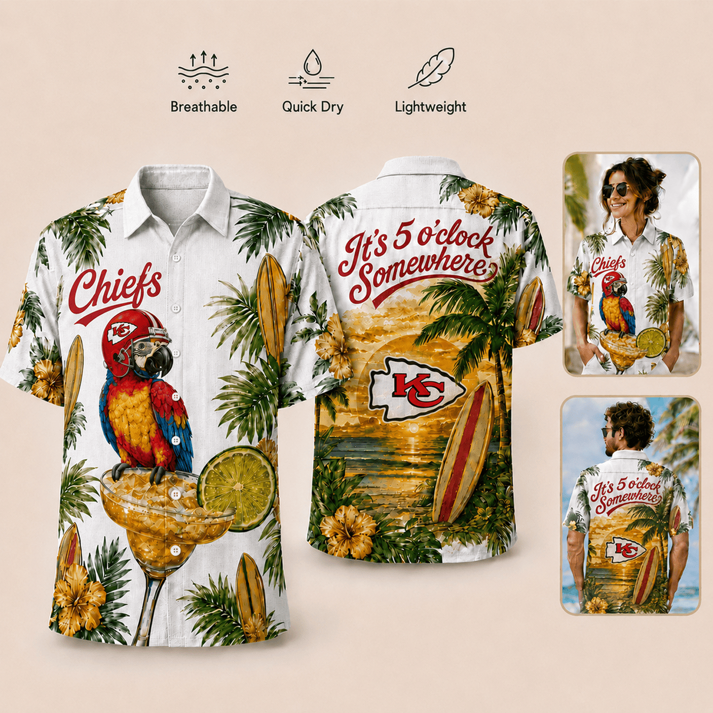 Premium NFL x KCC It's 5 O'clock Somewhere Button Up Tropical Parrot Hawaiian Shirt 110626