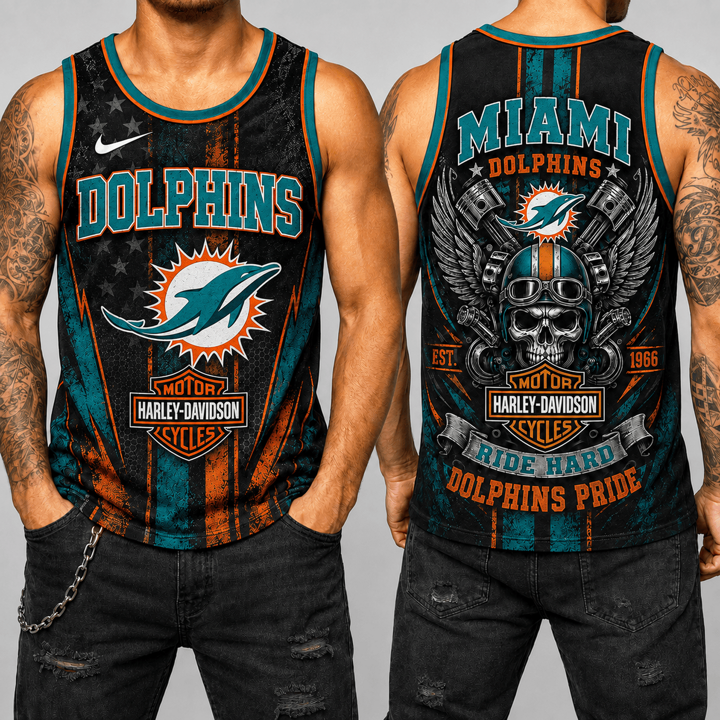 Premium NFL x MIA Motorcycle Skull Biker Ride Hard Tank Top 130626