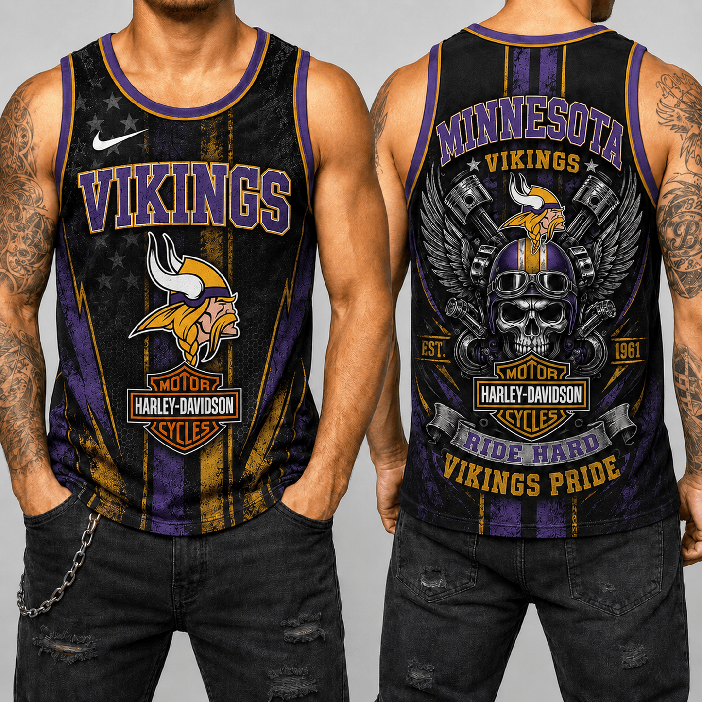 Premium NFL x MIN Motorcycle Skull Biker Ride Hard Tank Top 130626