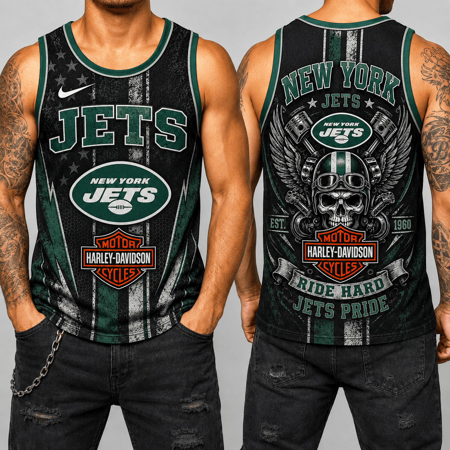 Premium NFL x NYJ Motorcycle Skull Biker Ride Hard Tank Top 130626