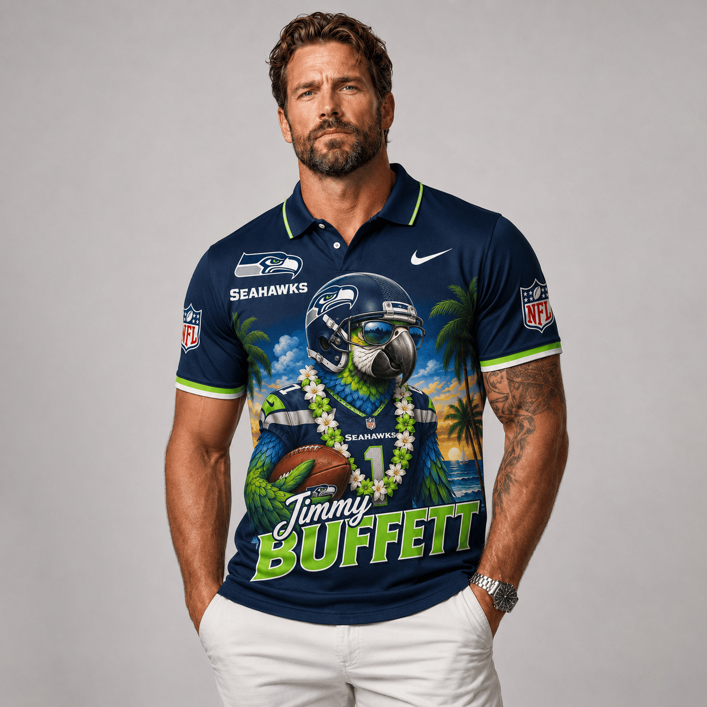 Premium NFL x SEA Tropical Parrot Performance Polo Shirt 180626