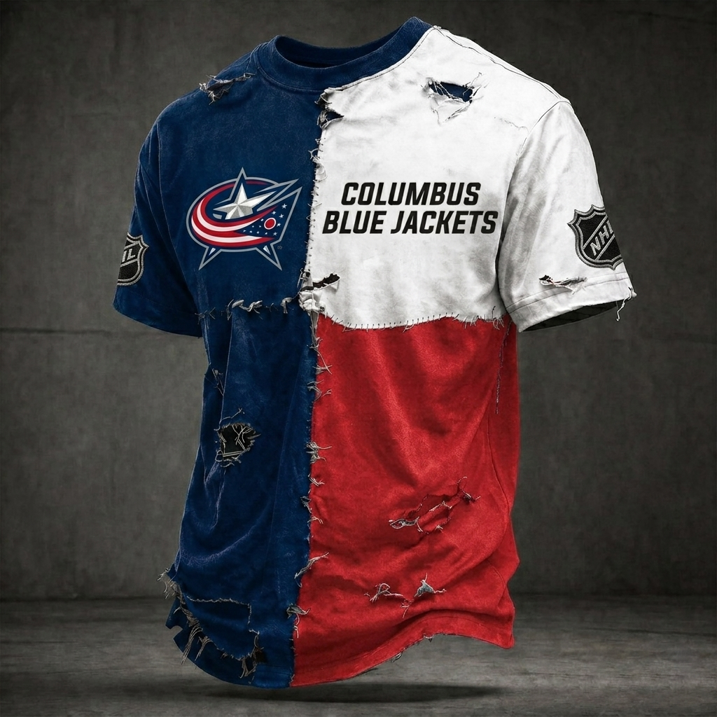 Premium NHL CBJ Distressed Patchwork T-Shirt V4 NMD CTKT