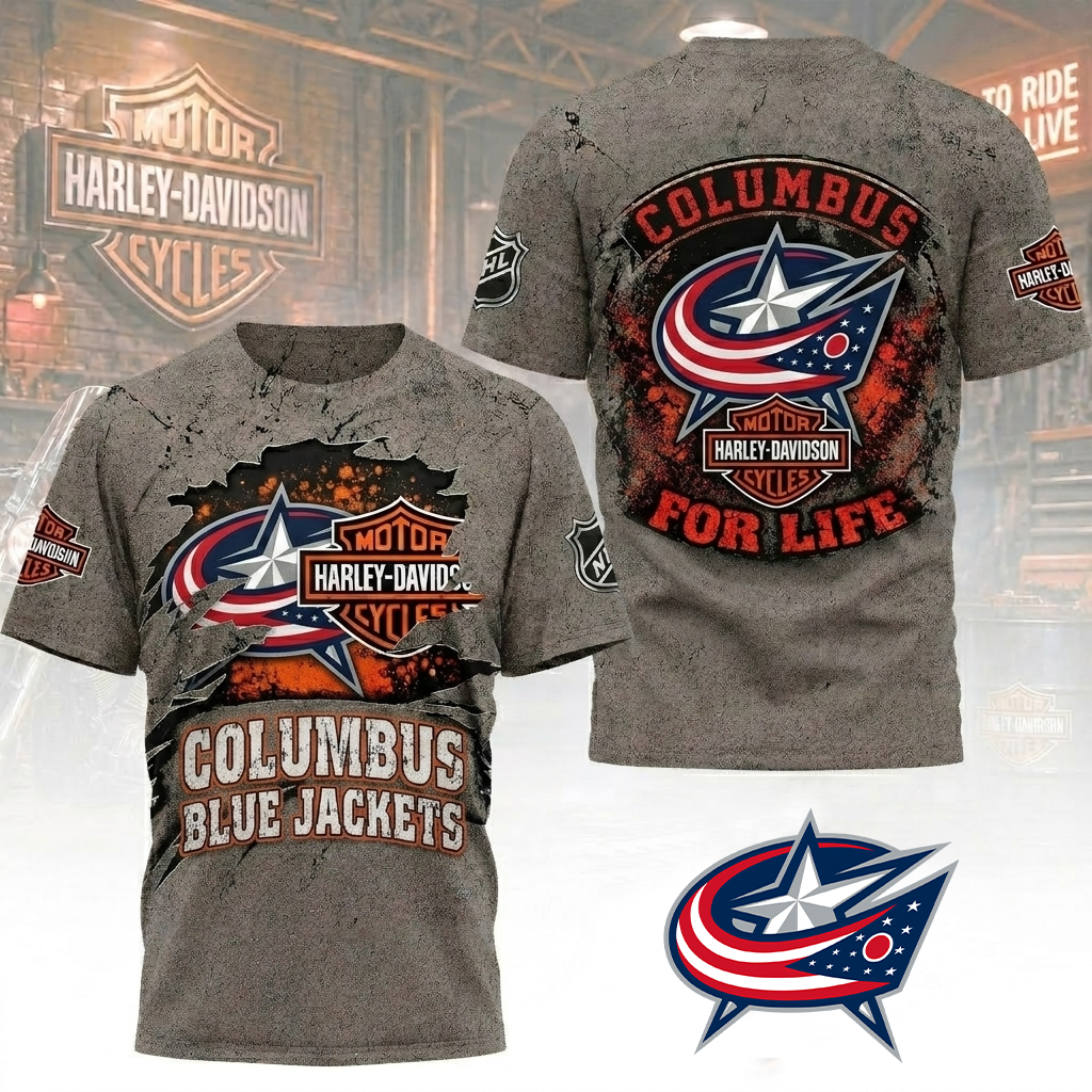 Premium NHL CBJ x Harley Davidson For Life T-shirt V5 NMD CTKT