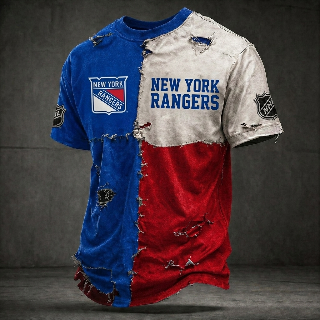 Premium NHL NYR Distressed Patchwork T-Shirt V4 NMD CTKT