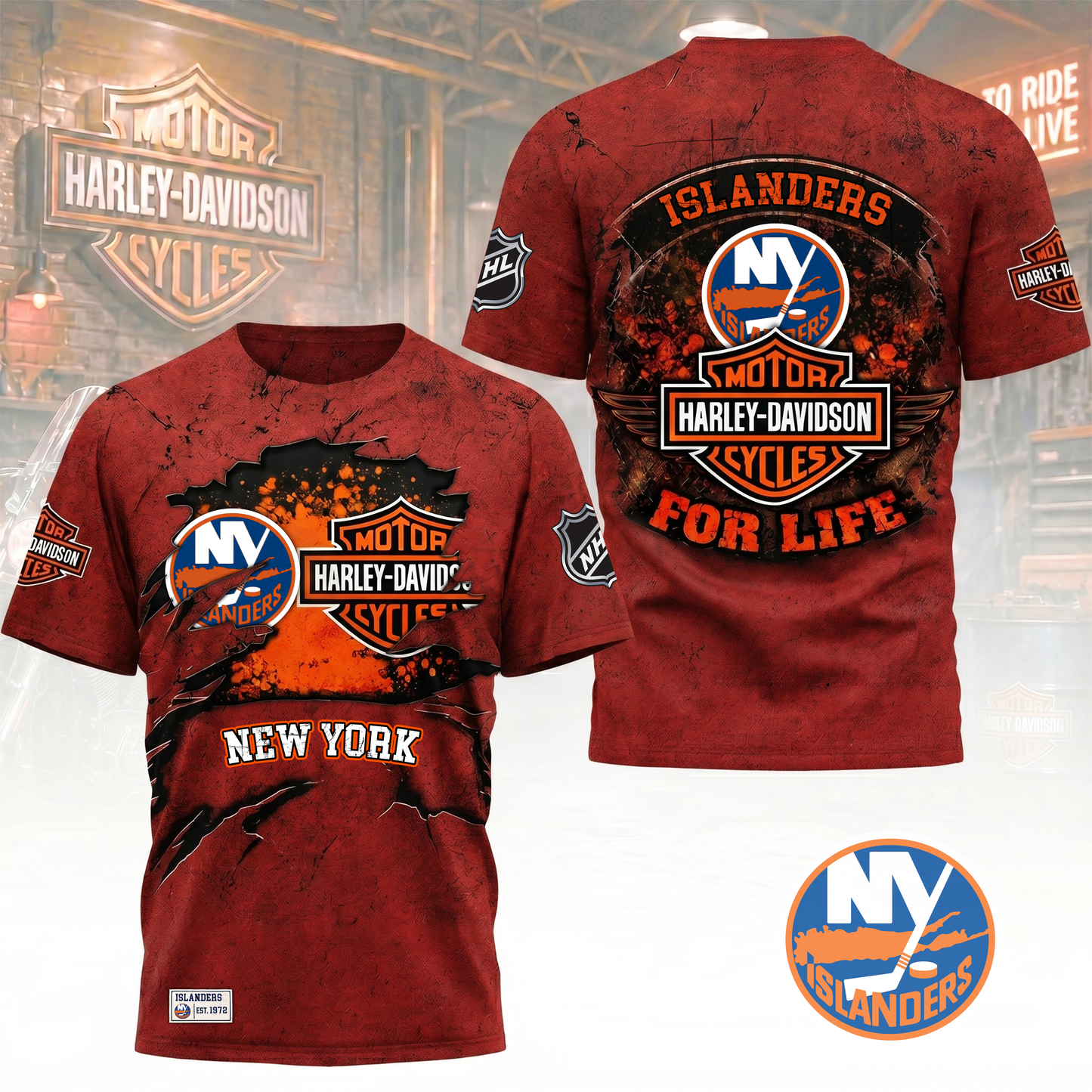Premium NHL X NYI Harley Davidson For Life 3D Shirt NDT VHM 180526