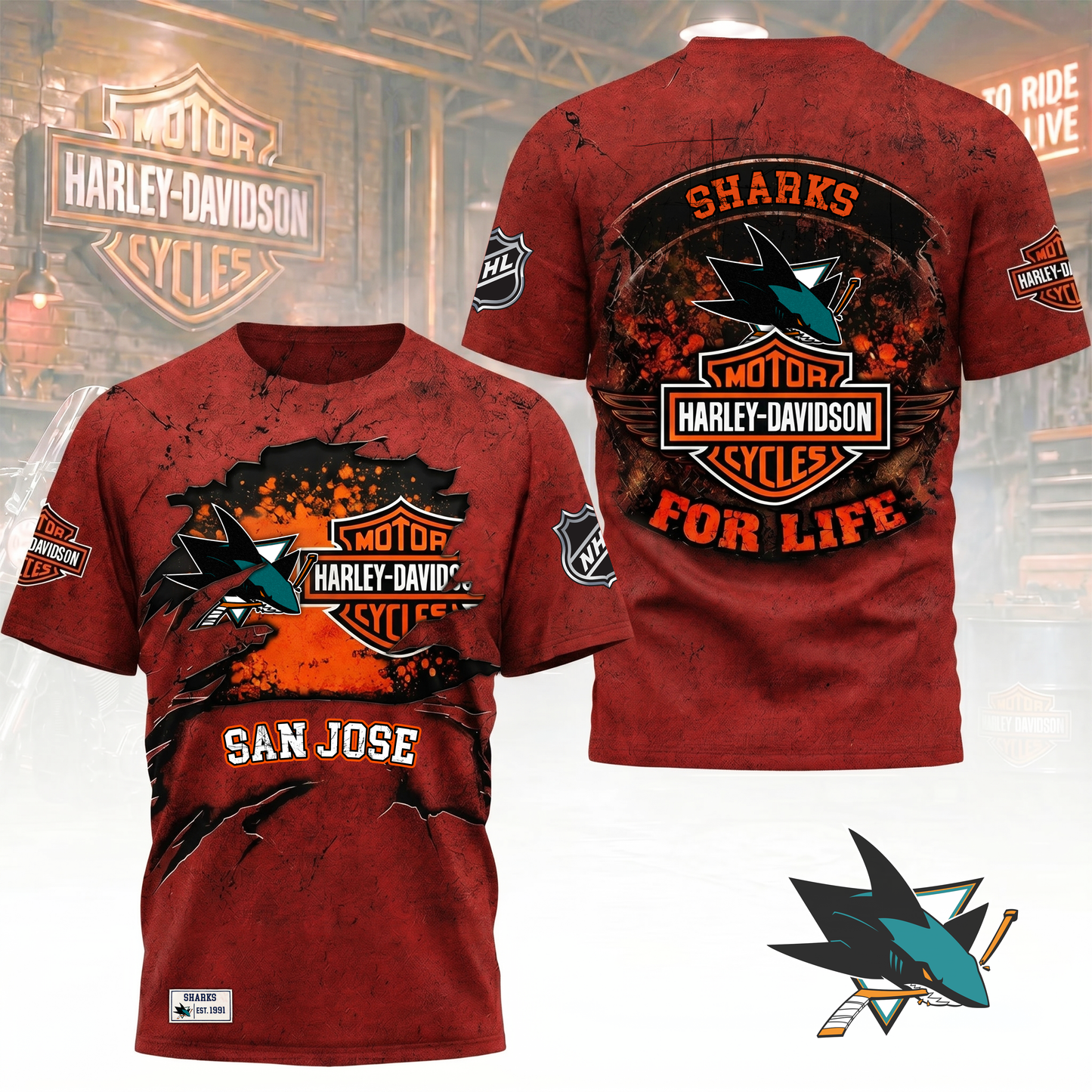 Premium NHL X SJS Harley Davidson For Life 3D Shirt NDT VHM 180526
