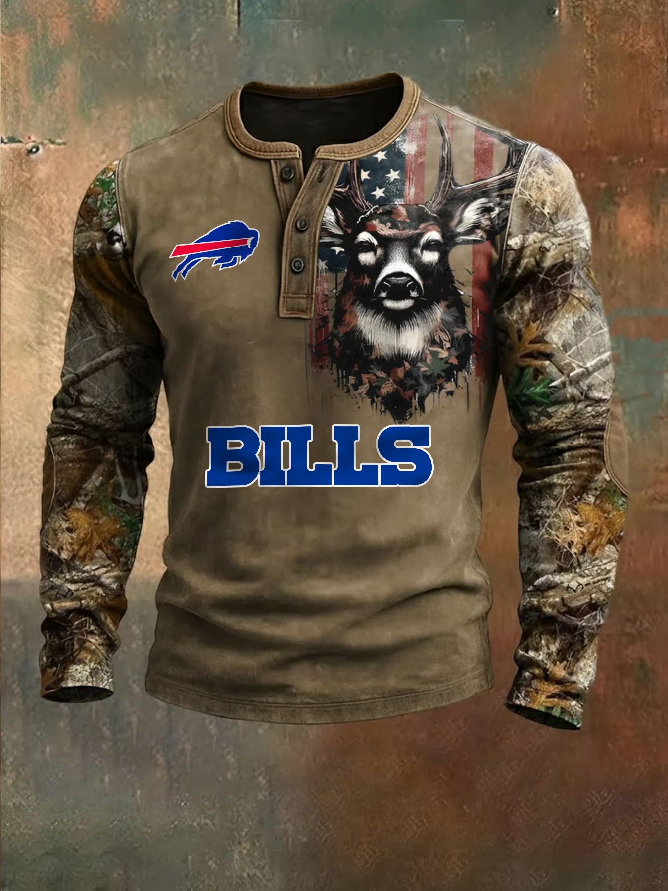 Premium NFL X BUF Retro Western Deer Henley Long Sleeve Shirt NDT NHM 311225