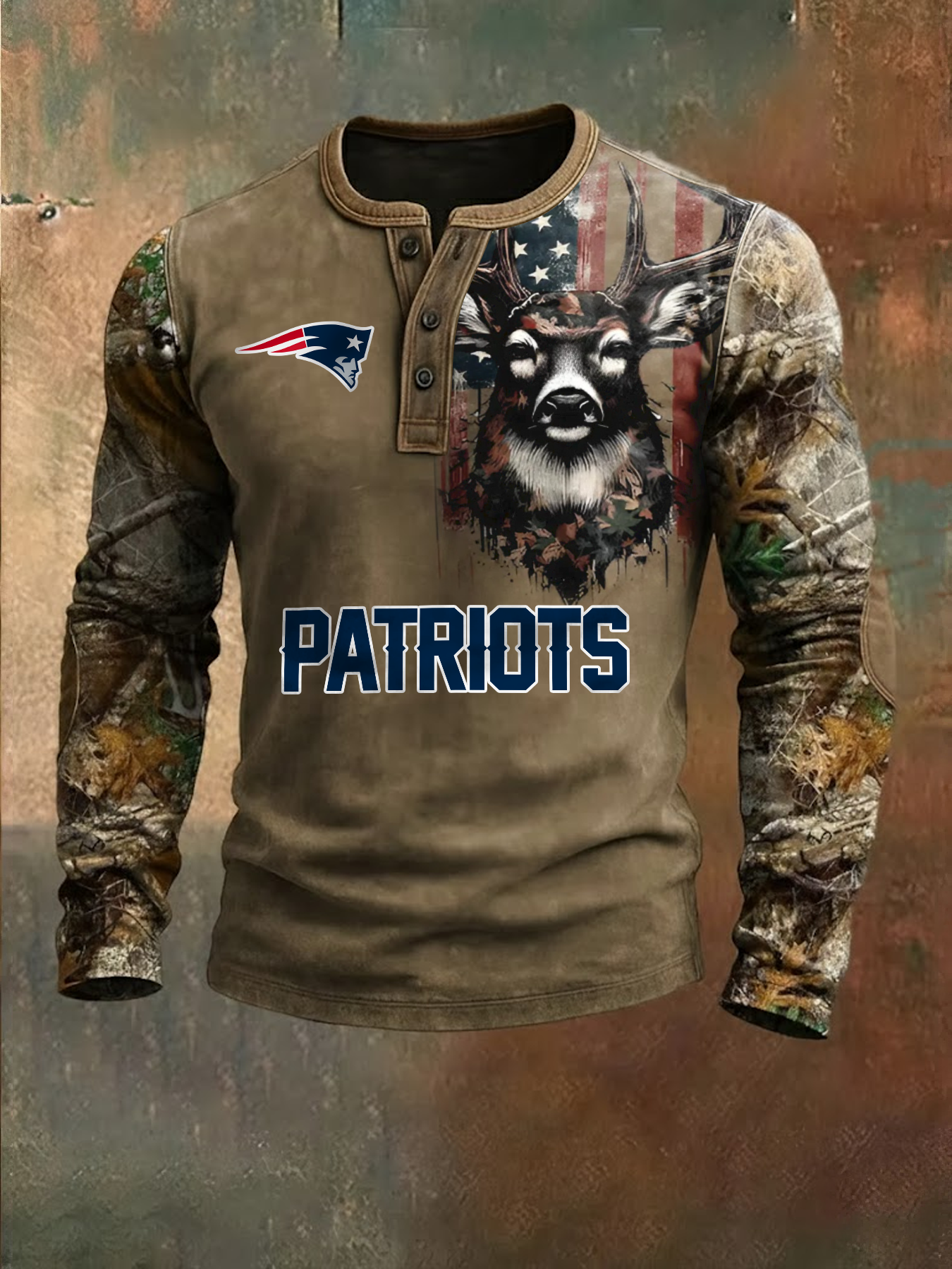 Premium NFL X NE Retro Western Deer Henley Long Sleeve Shirt NDT NHM 311225