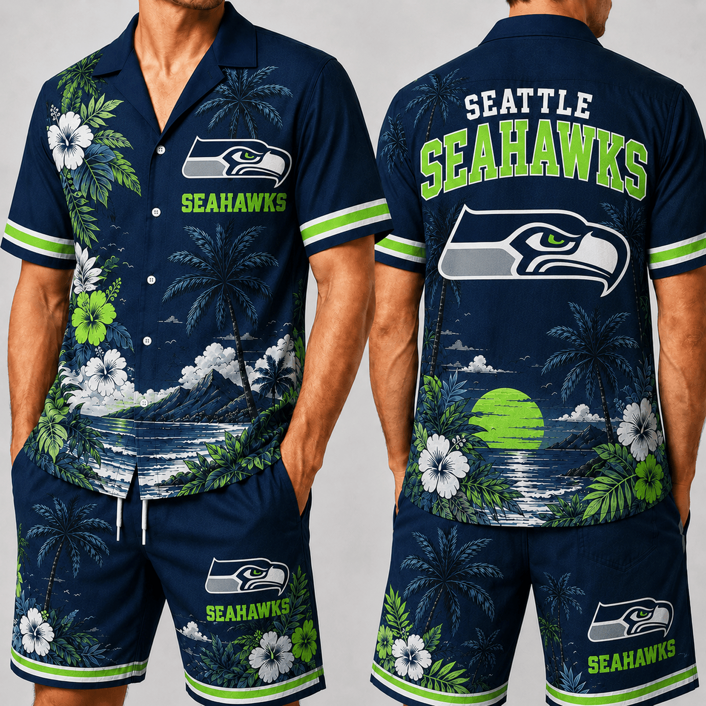 SEA x NFL Premium Championship Edition Hawaiian Shirt & Shorts Set Casual Summer Beachwear 1206