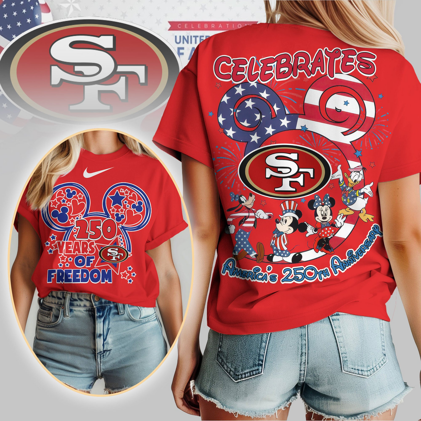 SF49 Premium NFL Mickey Celebrates America 250th Anniversary Women Shirt DDT NTL