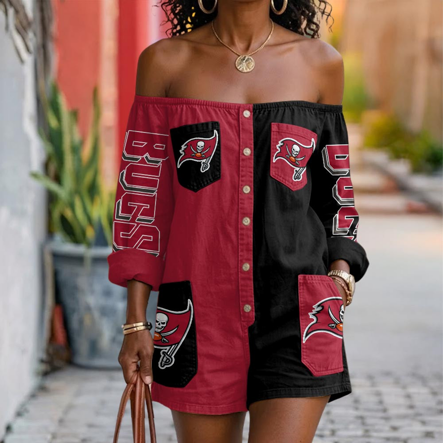 TB x NFL Button-Front Off-Shoulder Dress DATND TANTD 060626