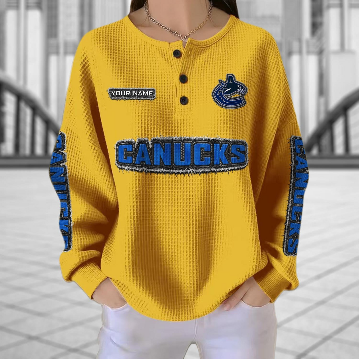 VAN x NHL Personalized Waffle Knit Henley Sweatshirt 2005 DatND DVT