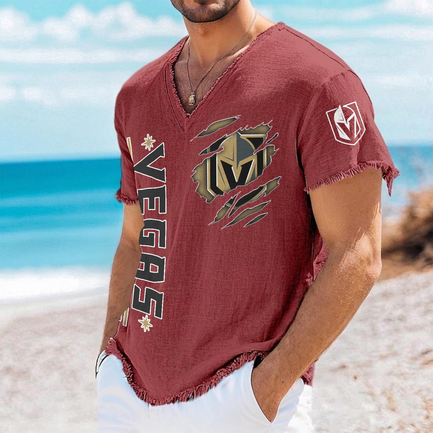 VGK x NHL V-Neck Linen Beach Shirt 1905 DatND DVT